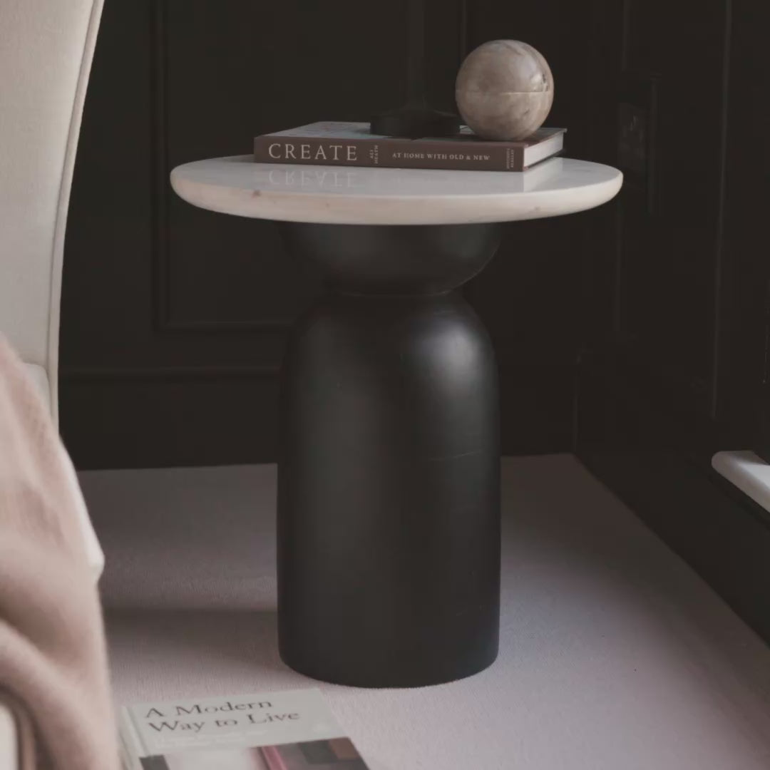 Sorrell Jet Black Mango Wood & White Marble Round Side Table - Laura James 