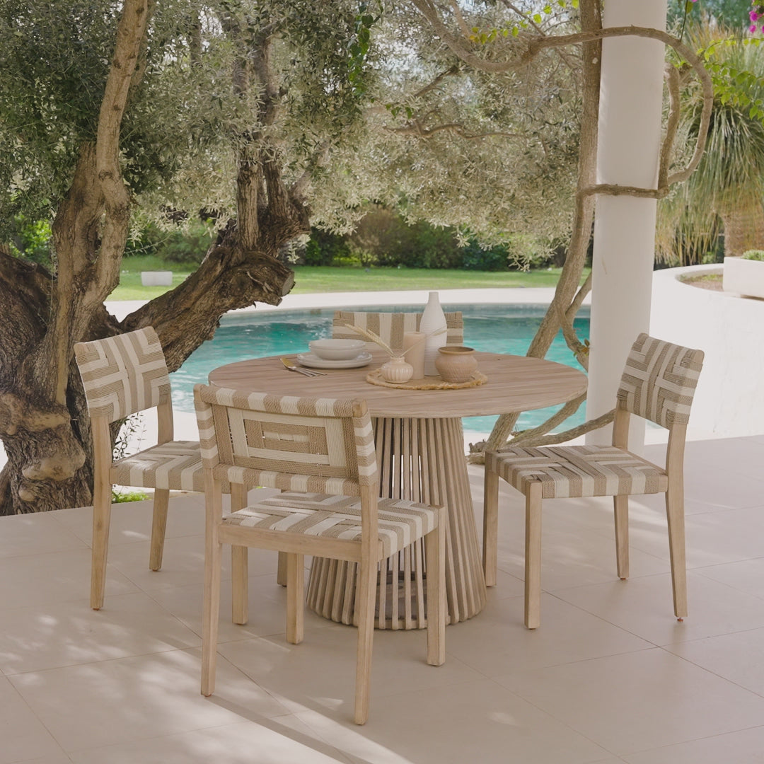 Willow 4 Seater Wooden Brushed Light Acacia Round Dining Set with Saffron Natural and Beige Chairs - Laura James