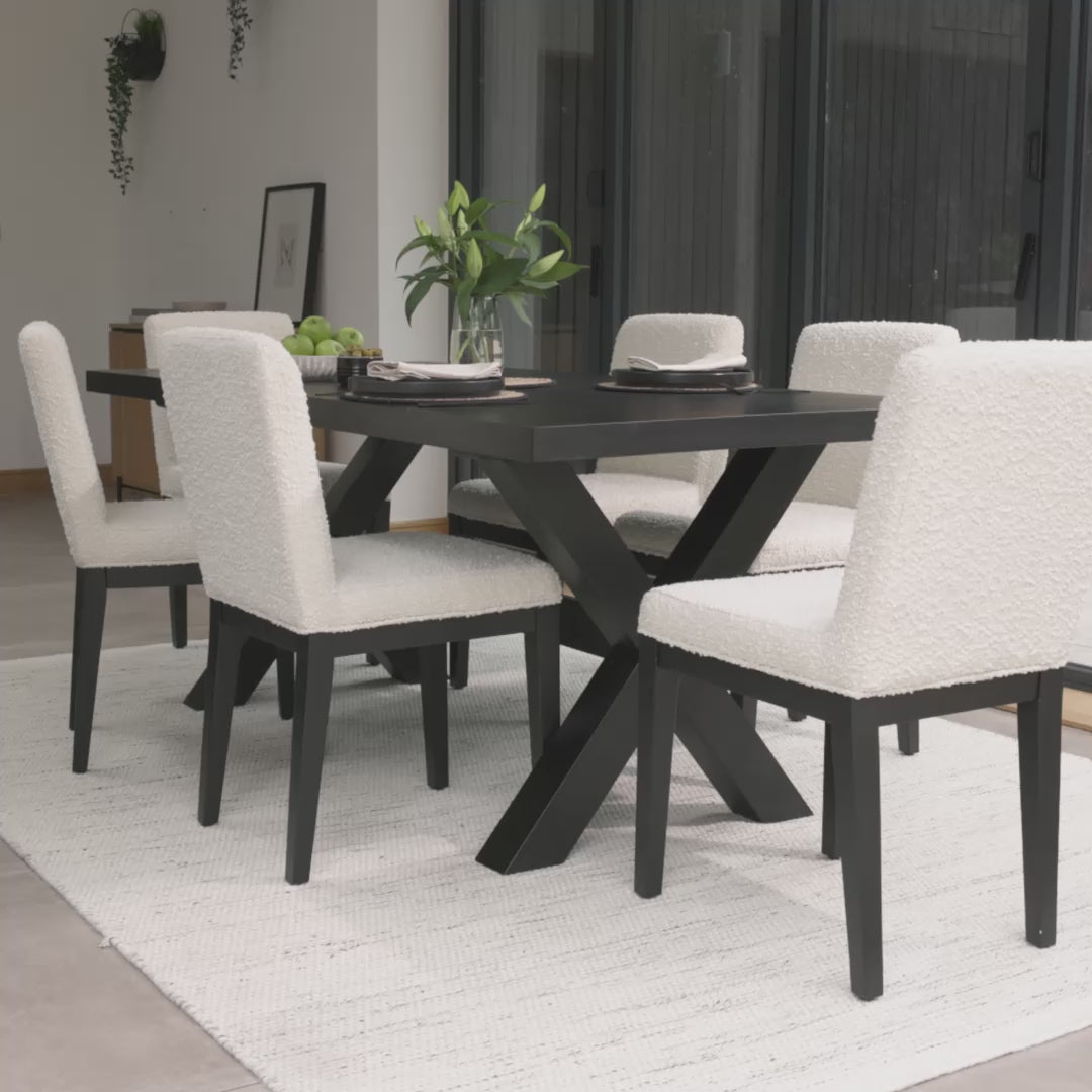 Charlotte Black Oak Extending Dining Table Set - 6 Seater - Nolan Boucle Dining Chairs - Black Oak Legs
- Laura James