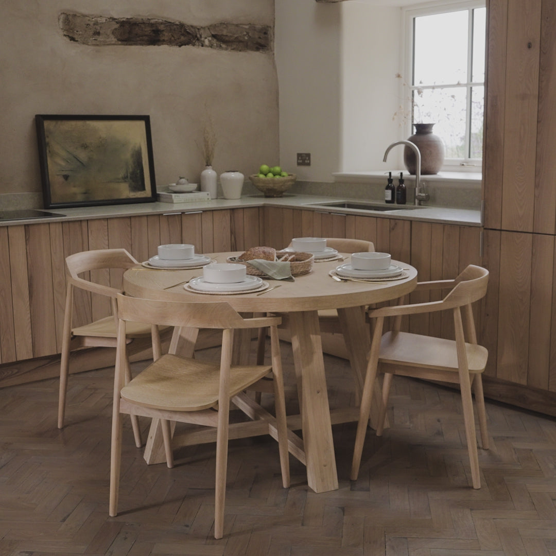 Charlotte Whitewash Round Dining Table Set - 4 Seater - Carter Dining Armchairs - Whitewash Oak Legs - Laura James 