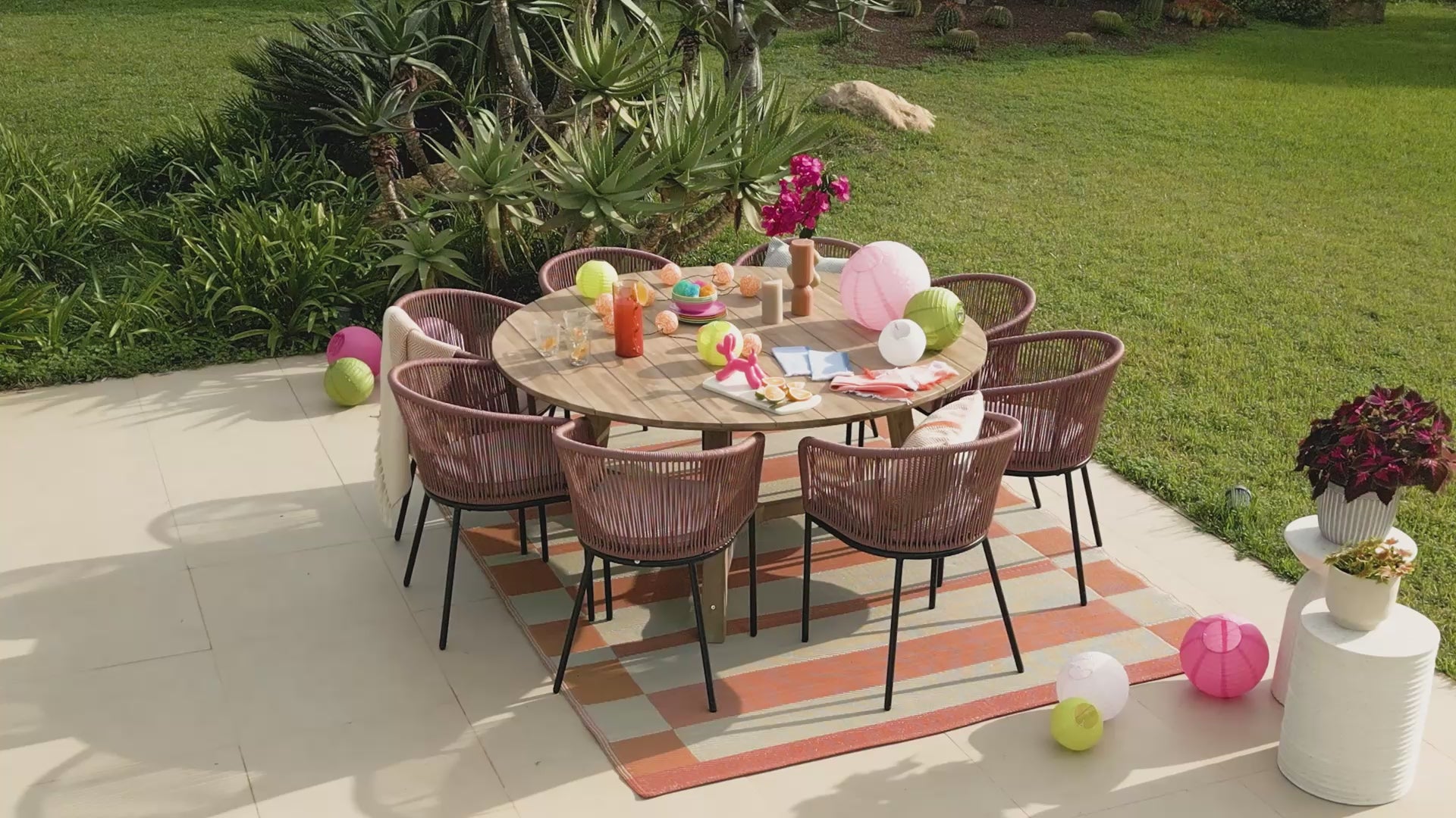 Shiro 6 Seater Wooden Round Dining Set with 6 Hali Rope Pink Chairs - Laura James 
