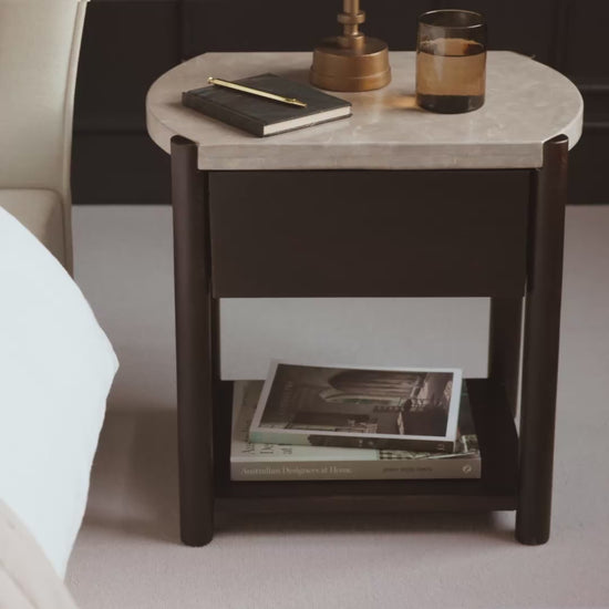 Viola 1 Drawer Bedside Table - Lady Grey Marble & Coffee Brown Mango Wood - Laura James 