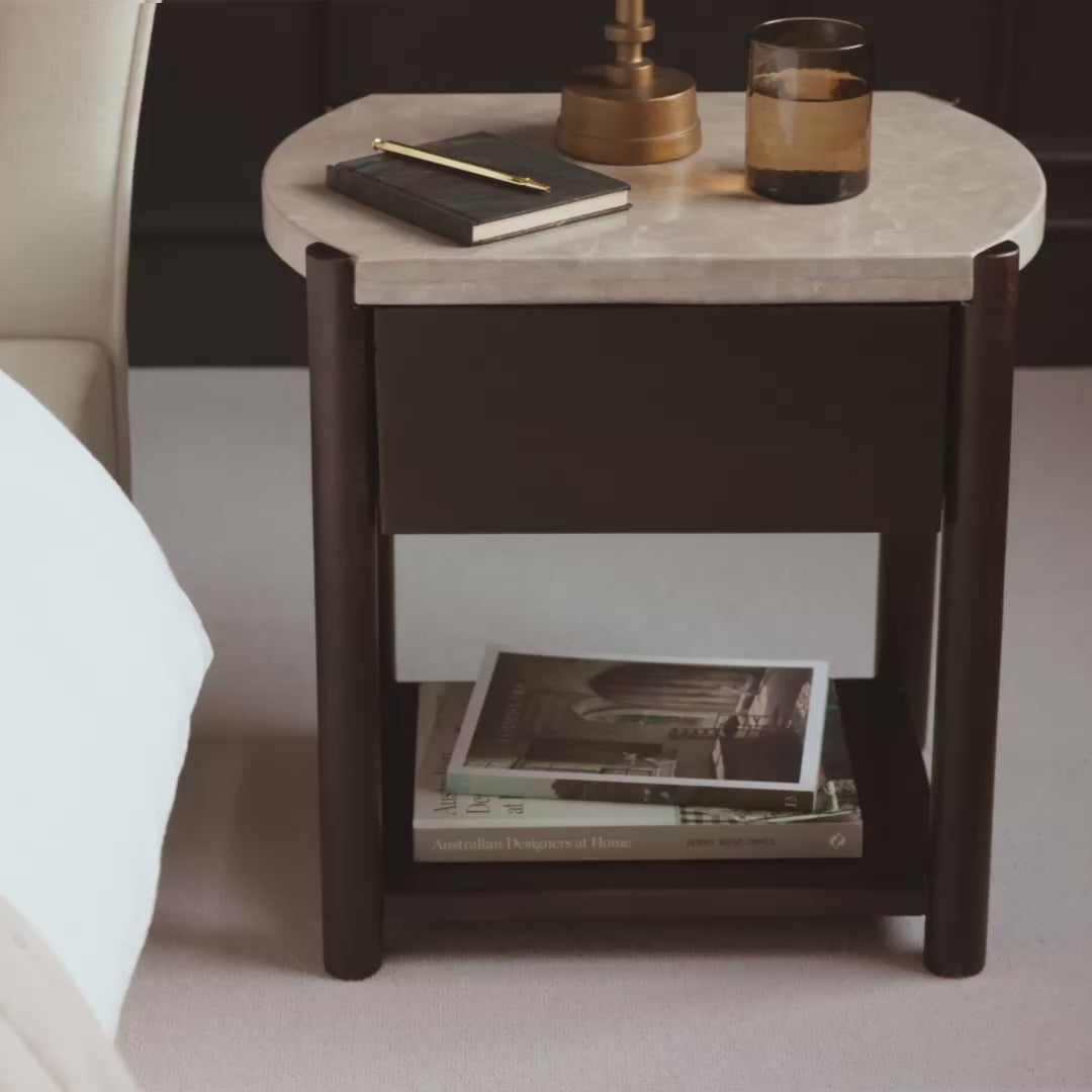 Viola 1 Drawer Bedside Table - Lady Grey Marble & Coffee Brown Mango Wood - Laura James 