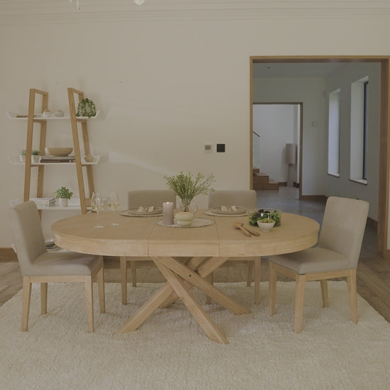 Amelia Whitewash Oval Extending Dining Table Set - 4 Seater - Nolan Fawn Linen Dining Chairs - Whitewash Oak Legs - Laura James