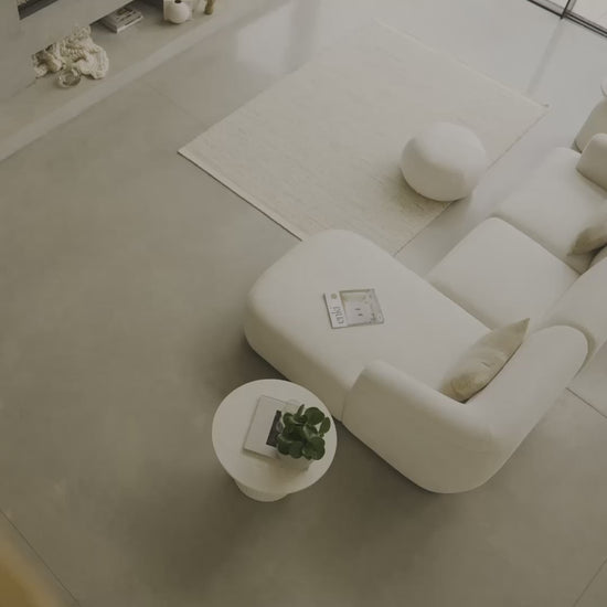 Nathalia Chaise Corner Sofa & Round Footstool Set - Chalk White Boucle - Laura James 