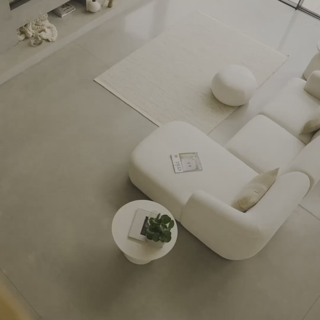 Nathalia Chaise Corner Sofa & Round Footstool Set - Chalk White Boucle - Laura James 