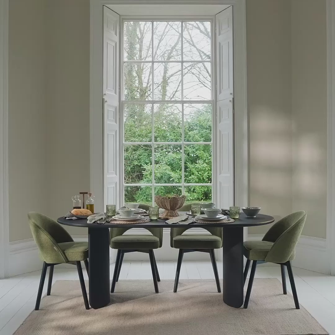 Imogen 190cm Black Mango Wood Dining Table Set  - 6 Seater - Marilyn Moss Green Dining Chairs - Black Legs - Laura James