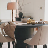 Adam 135cm Jet Black Mango Wood Round Dining Table Set - 4 Seater - Freya Sand Dining Chair - Black Oak Legs