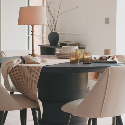 Adam 135cm Jet Black Mango Wood Round Dining Table Set - 4 Seater - Freya Sand Dining Chair - Black Oak Legs