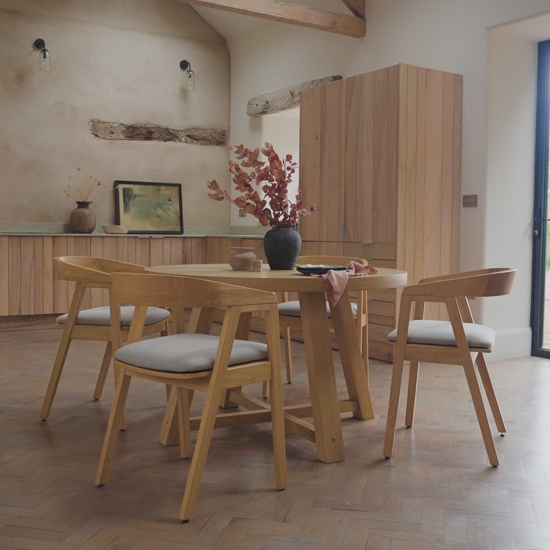 Charlotte Pale Oak Round Dining Table Set - 4 Seater - Ella Pale Oak Carver Chair - Fawn Linen - Laura James 