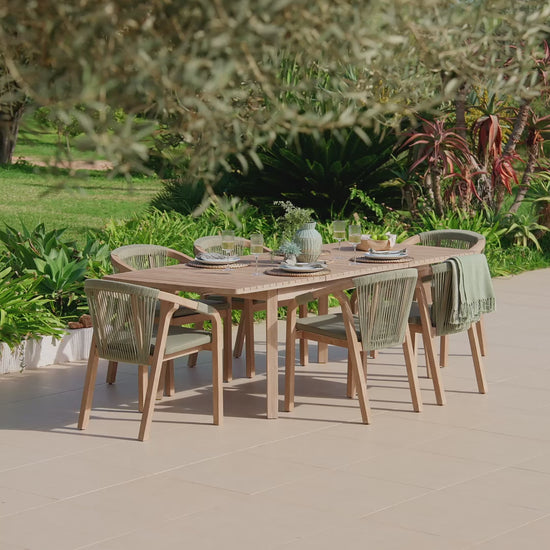 Saffron 6 Seater Extending Wooden Garden Dining Set with Shiro Green Rope Chairs - Laura James