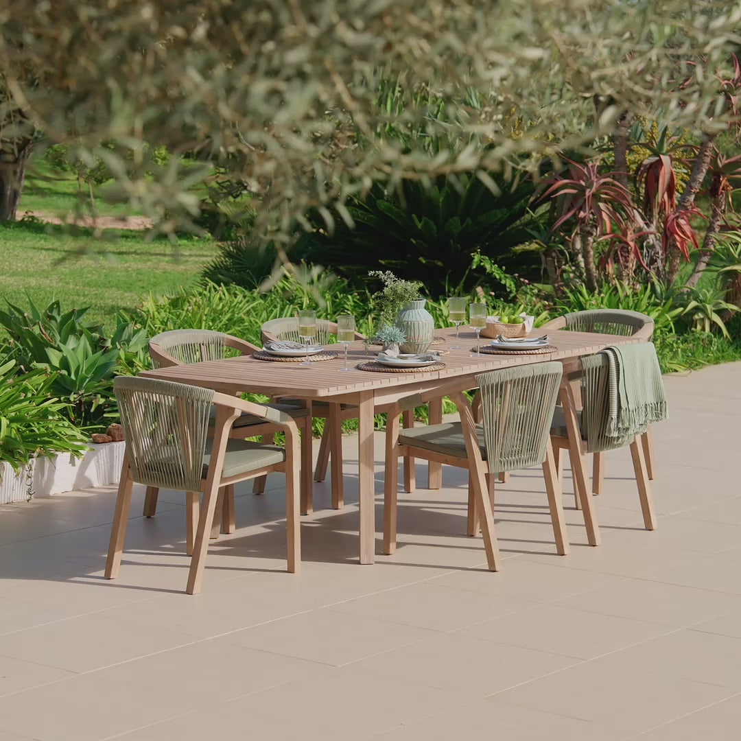 Saffron 6 Seater Extending Wooden Garden Dining Set with Shiro Green Rope Chairs - Laura James