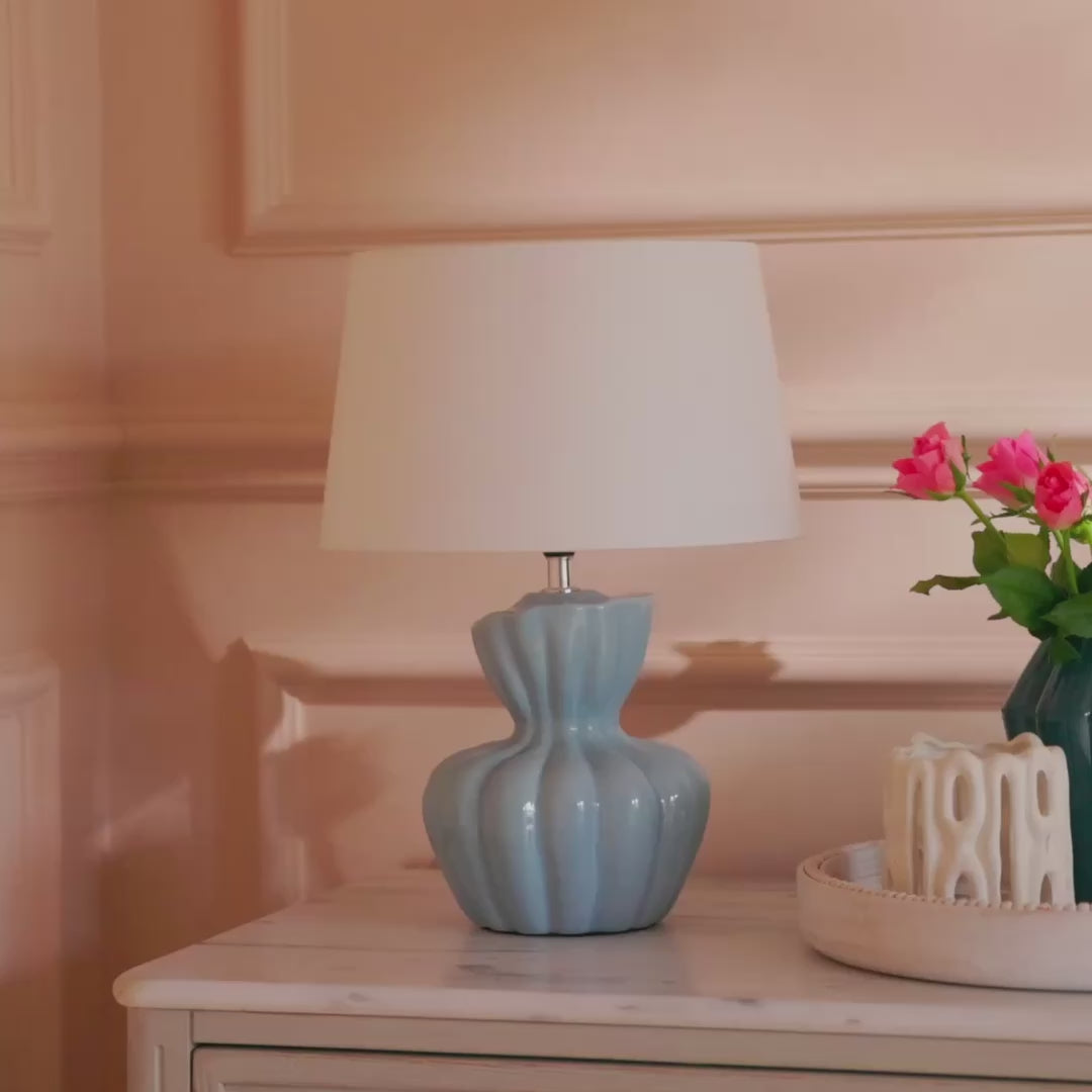 Dawes 30cm Ceramic Lamp Base - Cornflower Blue with Coningsby 30cm Cotton Lamp Shade - Snow White - Laura James