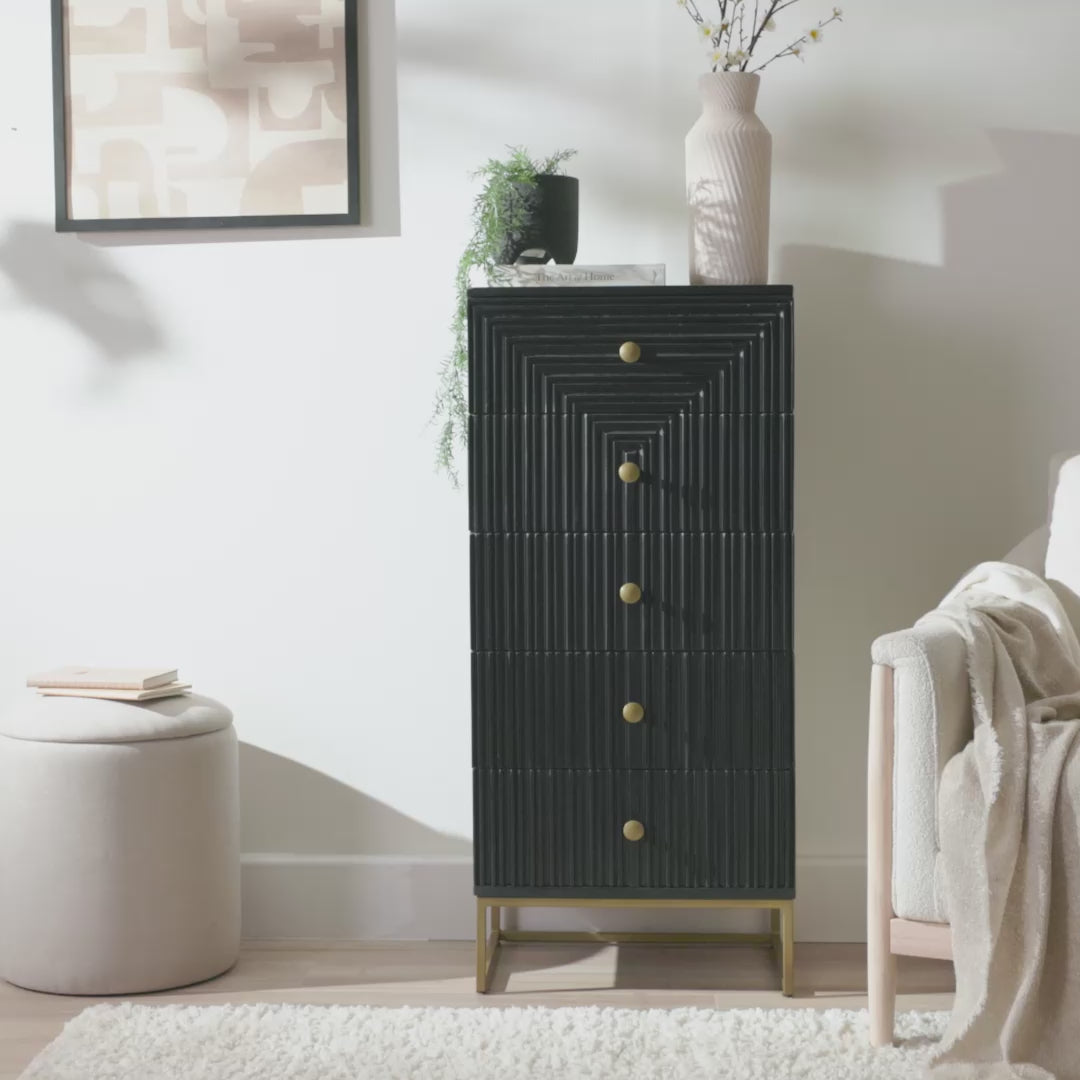 Rayna 5 Drawer Tallboy - Jet Black - Laura James 