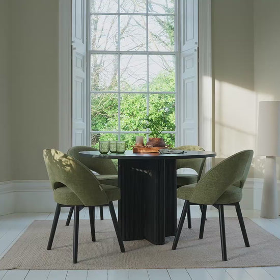 Orla Black Mango Wood Round Dining Table Set - 4 Seater - Marilyn Green Dining Chairs - Black Legs - Laura James