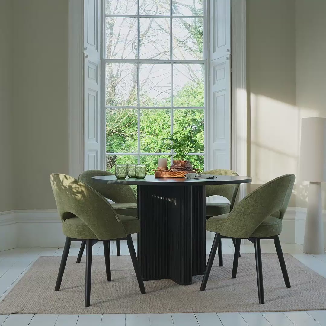 Orla Black Mango Wood Round Dining Table Set - 4 Seater - Marilyn Green Dining Chairs - Black Legs - Laura James
