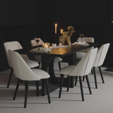 Jade 6 Seater Rectangular Jet Black Acacia Wood Dining Table with Freya Boucle Dining Chairs - Laura James 