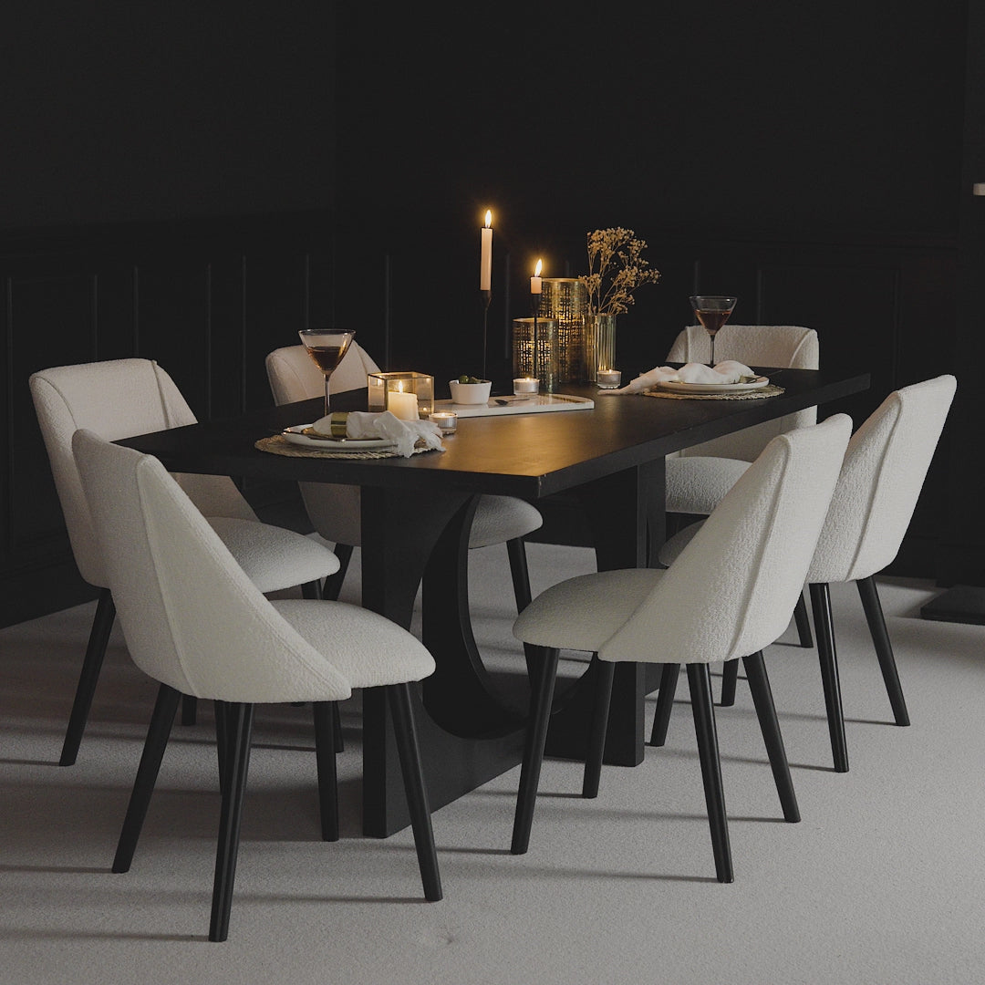 Jade 6 Seater Rectangular Jet Black Acacia Wood Dining Table with Freya Boucle Dining Chairs - Laura James 