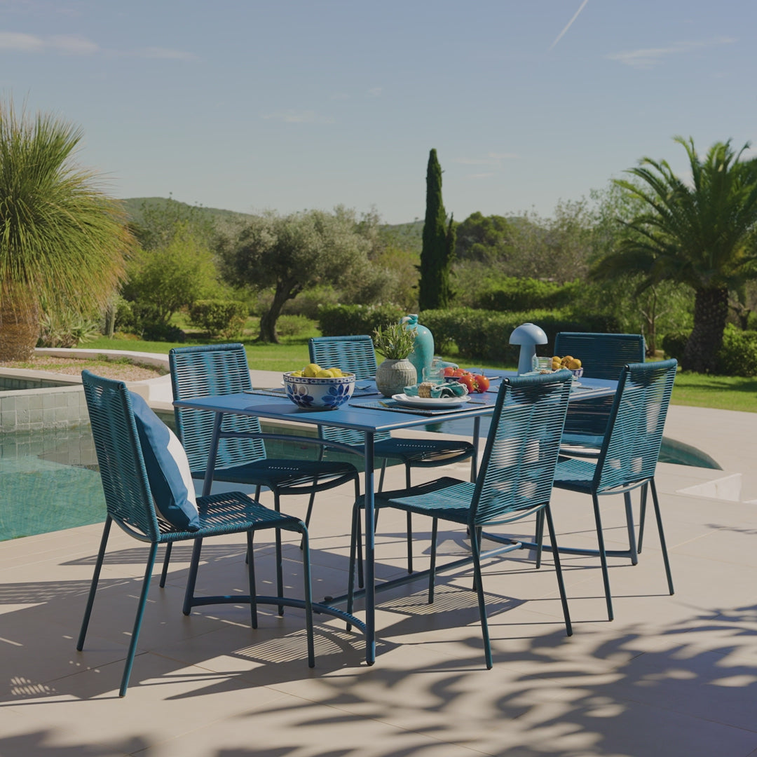 Wilder 6 Seater Blue Garden Dining Set with Ryder Teal Chairs - Laura James