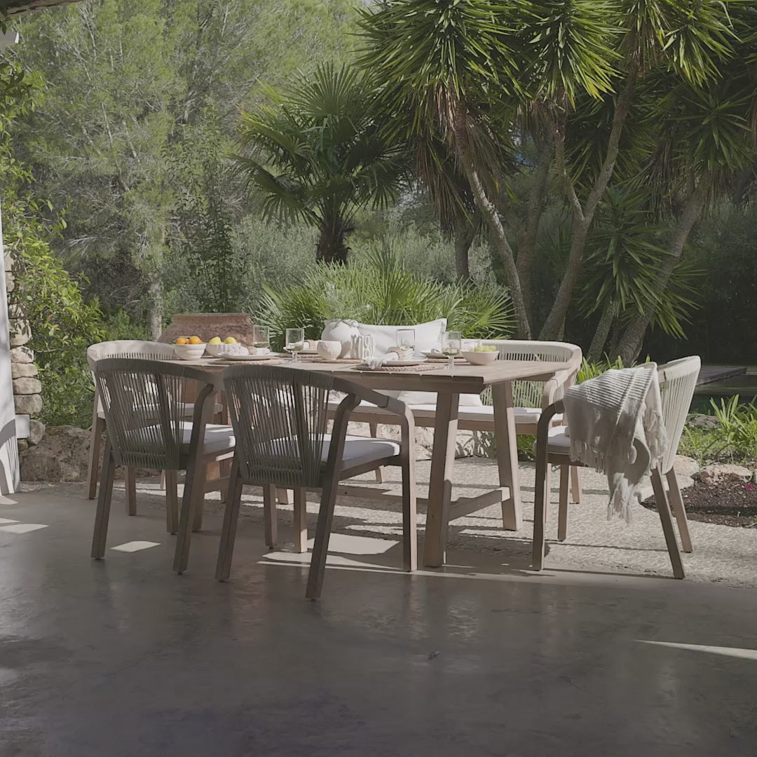 Shiro 6 Seater Wooden Garden Dining Set with Shiro Beige Rope Chairs & Bench - 180cm - Laura James