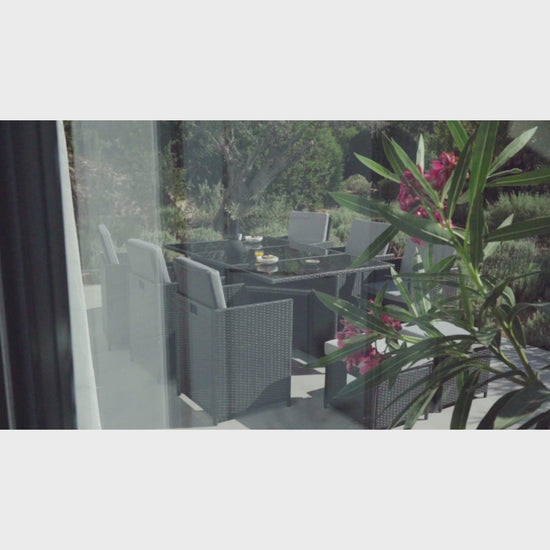 10 Seater Rattan Cube Outdoor Dining Set with Cream LED Premium Parasol- Black Weave Polywood Top