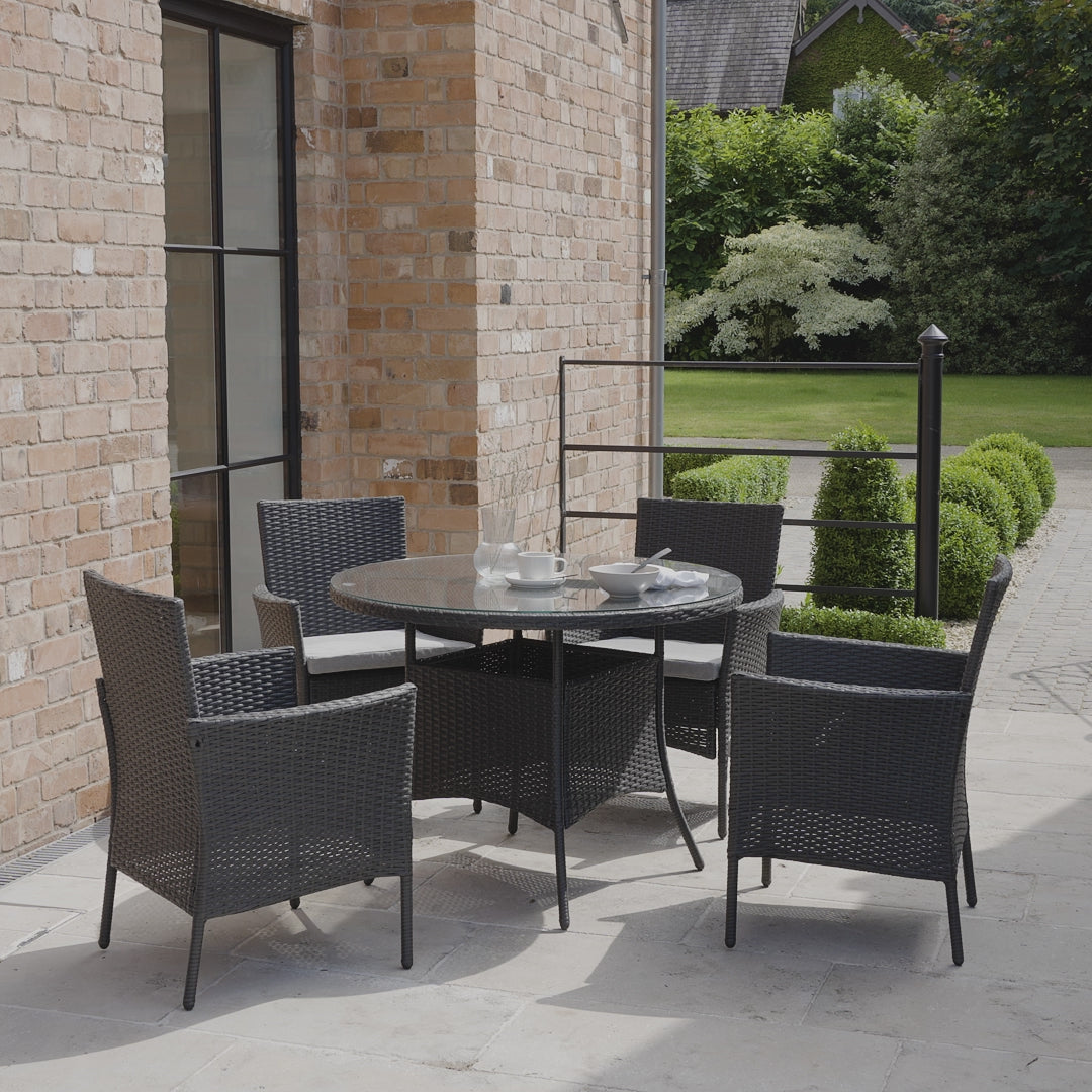 Kemble 4 Seater Rattan Round Outdoor Dining Table & Chair Set - Black - Laura James