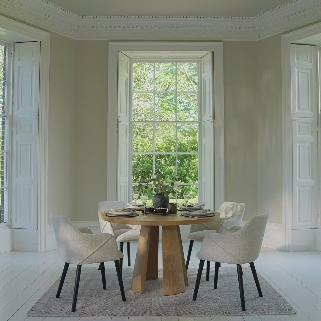 Farren 120cm Whitewash Oak Round Dining Table Set - 4 Seater - Freya Oat Boucle Armchairs with Black Legs - Laura James