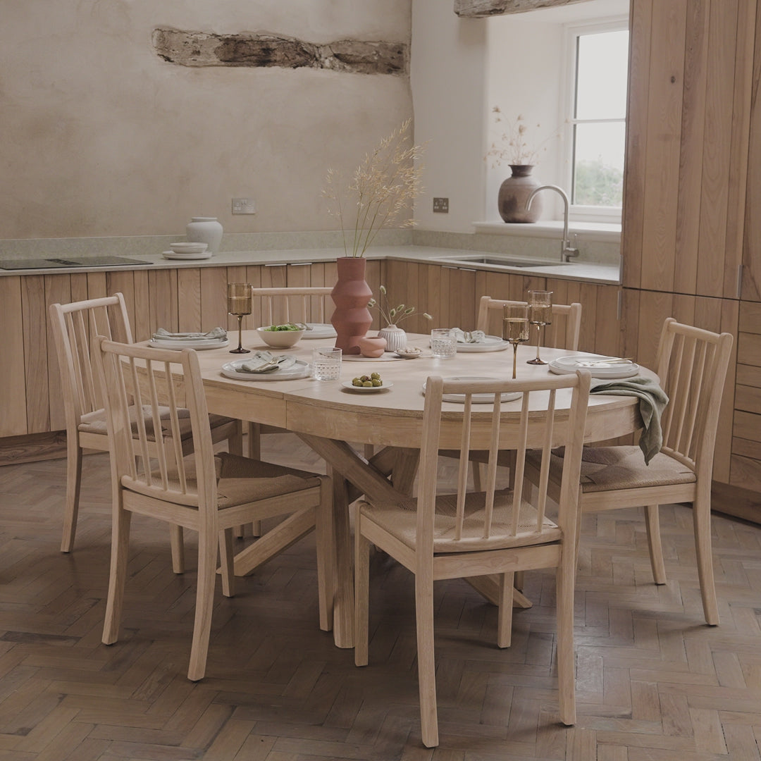 Amelia Extendable Whitewash Oval Dining Table Set - 6 Seater - Tilly String Dining Chairs - Whitewash Oak Legs - Laura James 