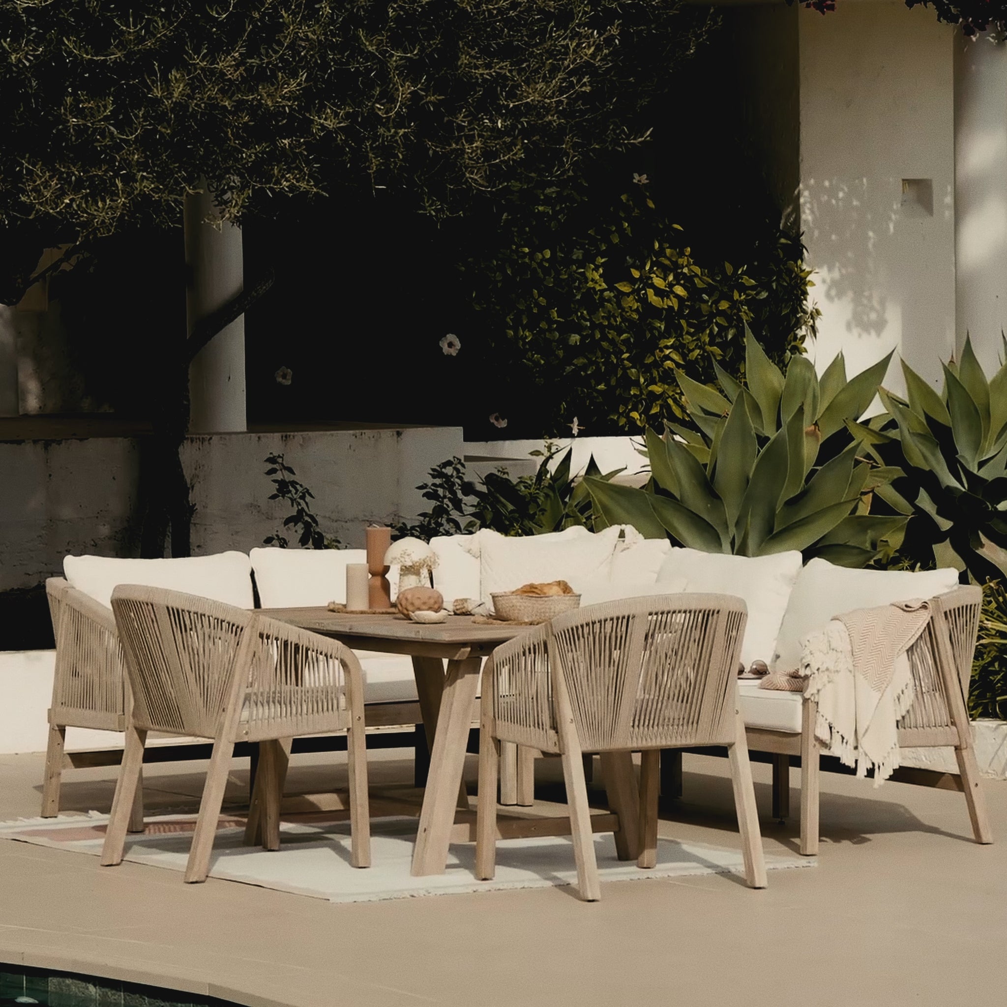 Shiro Rope Wooden Corner Sofa with Nala Dining Chairs - Laura James 