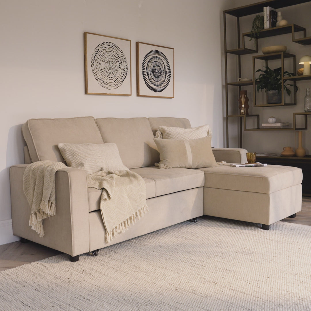 Hugo Corner Sofa Bed with Storage - Taupe - Laura James 