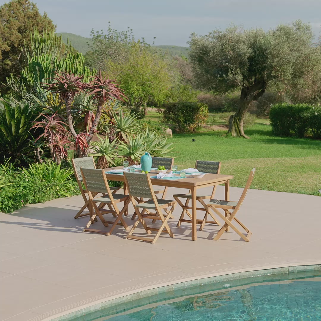 Harlyn 6 Seater Wooden Garden Dining Set with Cove Green Rope Chairs - 200cm - Laura James
