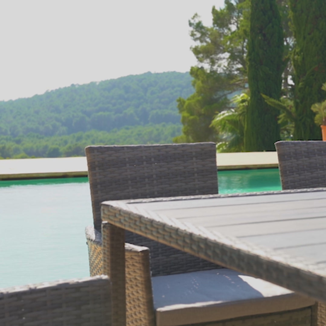Marston 6 Seater Polywood Top Rattan Dining Set with Premium Grey Parasol - Grey