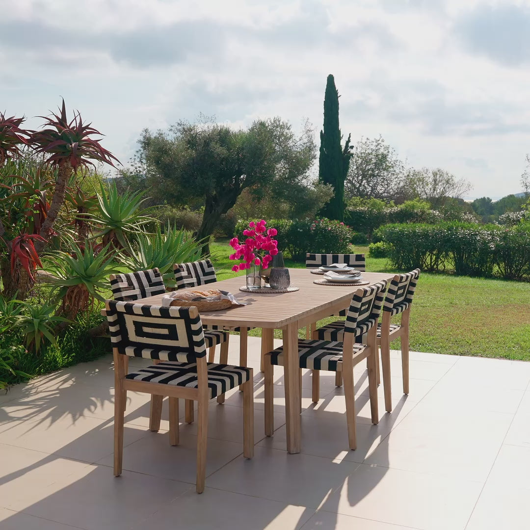 Saffron 6 Seater Extending Wooden Garden Dining Set with Saffron Black/Beige Chairs - Laura James