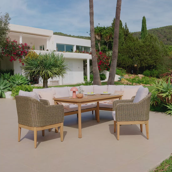 Harlyn 7 Seater Wooden Garden Dining Set with Corner Sofa & 2 Harlyn Dining Armchairs - Laura James
