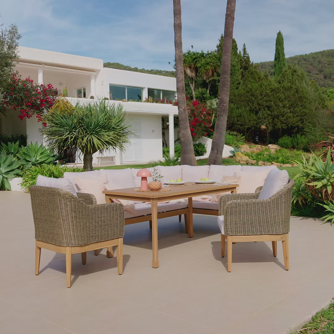 Harlyn 7 Seater Wooden Garden Dining Set with Corner Sofa & 2 Harlyn Dining Armchairs - Laura James