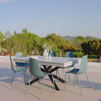 Amelia 6 Seater Pale Grey Concrete Garden Dining Set with Wren Denim Blue Chairs - Laura James