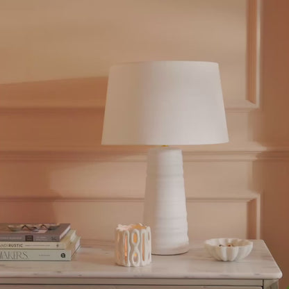 Burleigh 43cm Ceramic Table Lamp Base - White & Coningsby 35cm Cotton Lamp Shade - Snow White - Laura James