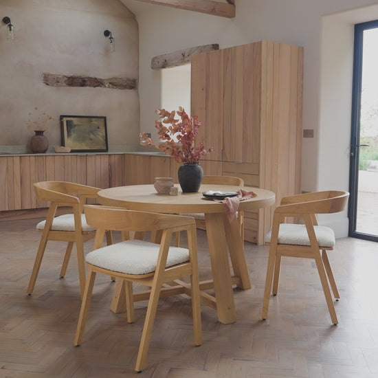Charlotte Pale Oak Round Dining Table Set - 4 Seater - Ella Pale Oak Carver Chair - Off White Boucle - Laura James 