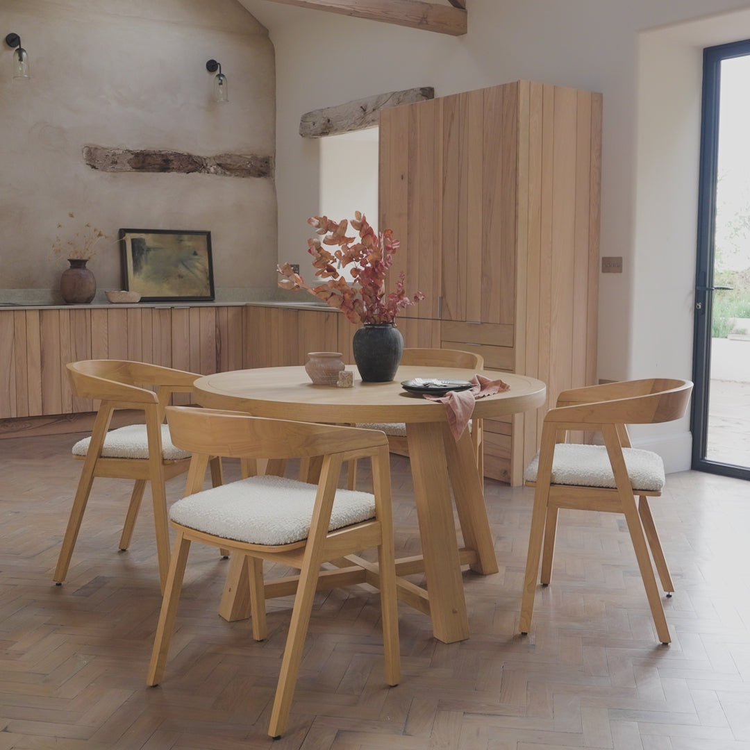Charlotte Pale Oak Round Dining Table Set - 4 Seater - Ella Pale Oak Carver Chair - Off White Boucle - Laura James 