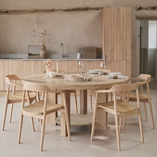 Marlon Whitewash Oak Round Dining Table Set - 6 Seater - Carter Whitewash Oak Dining Armchairs - Laura James 