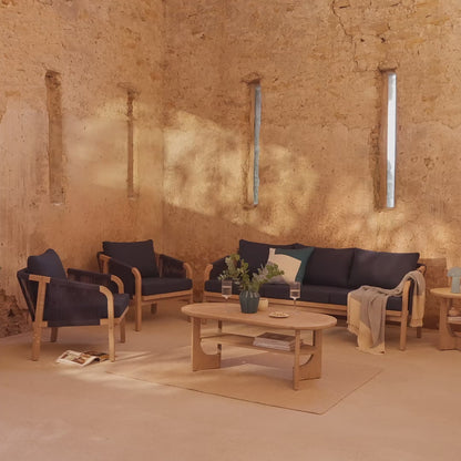 Shiro Wooden Garden Set with 3 Seater Sofa - 2 Shiro Armchairs with Delphi Oval Coffee Table and Side Table - Laura James