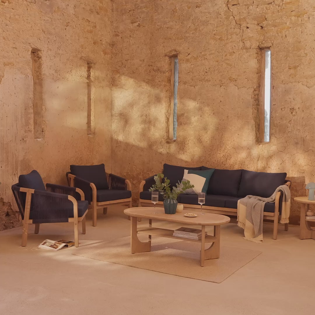 Shiro Wooden Garden Set with 3 Seater Sofa - 2 Shiro Armchairs with Delphi Oval Coffee Table and Side Table - Laura James
