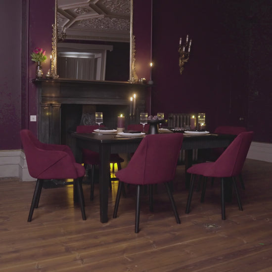 Raleigh Black Dining Table Set - 6 Seater - 4 Freya Burgundy Red Dining Chairs & 2 Freya Burgundy Red Armchairs - Black Oak Legs - Laura James 