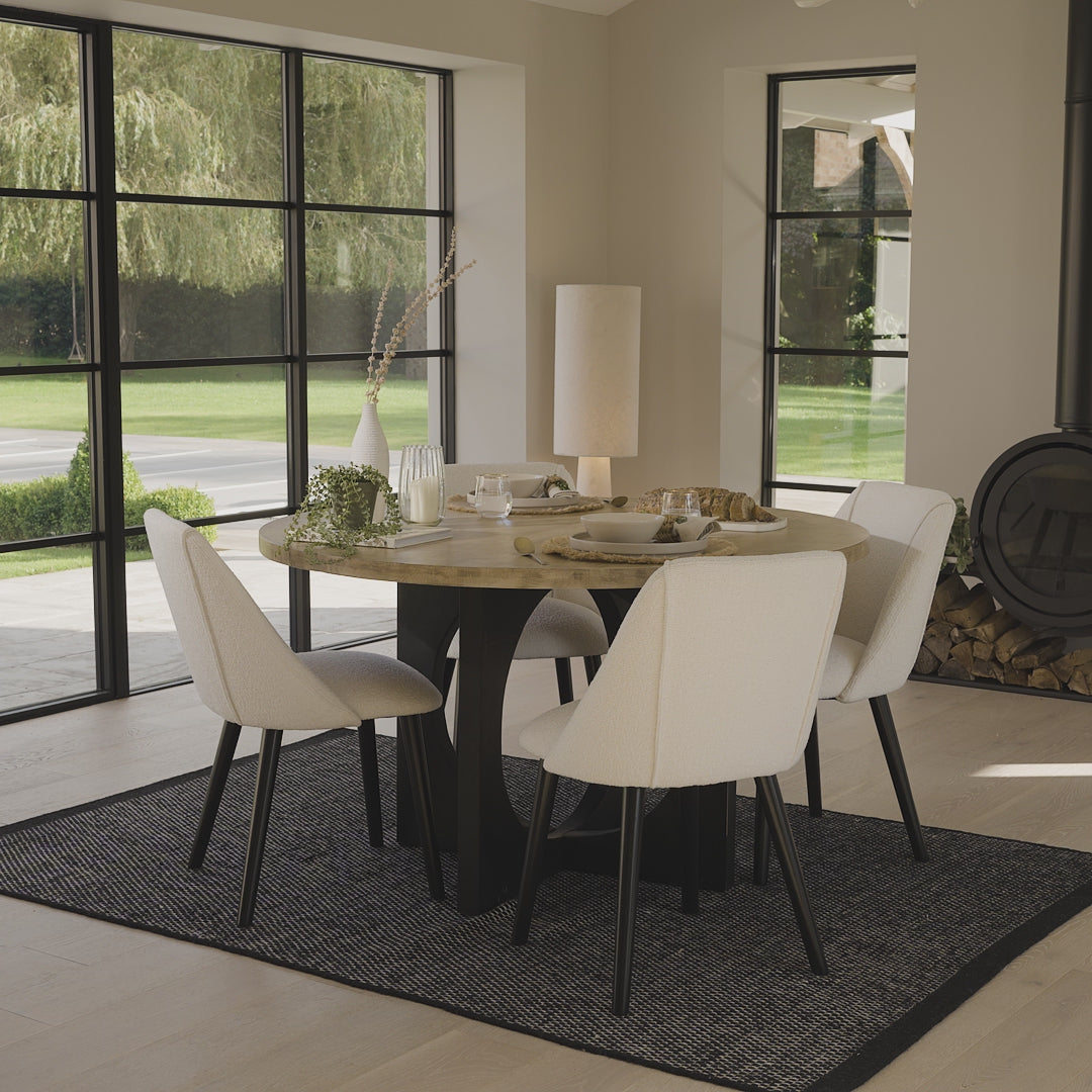 Jade Round Mango Wood 4 Seater Dining Set with Freya Boucle Dining Chairs - Laura James