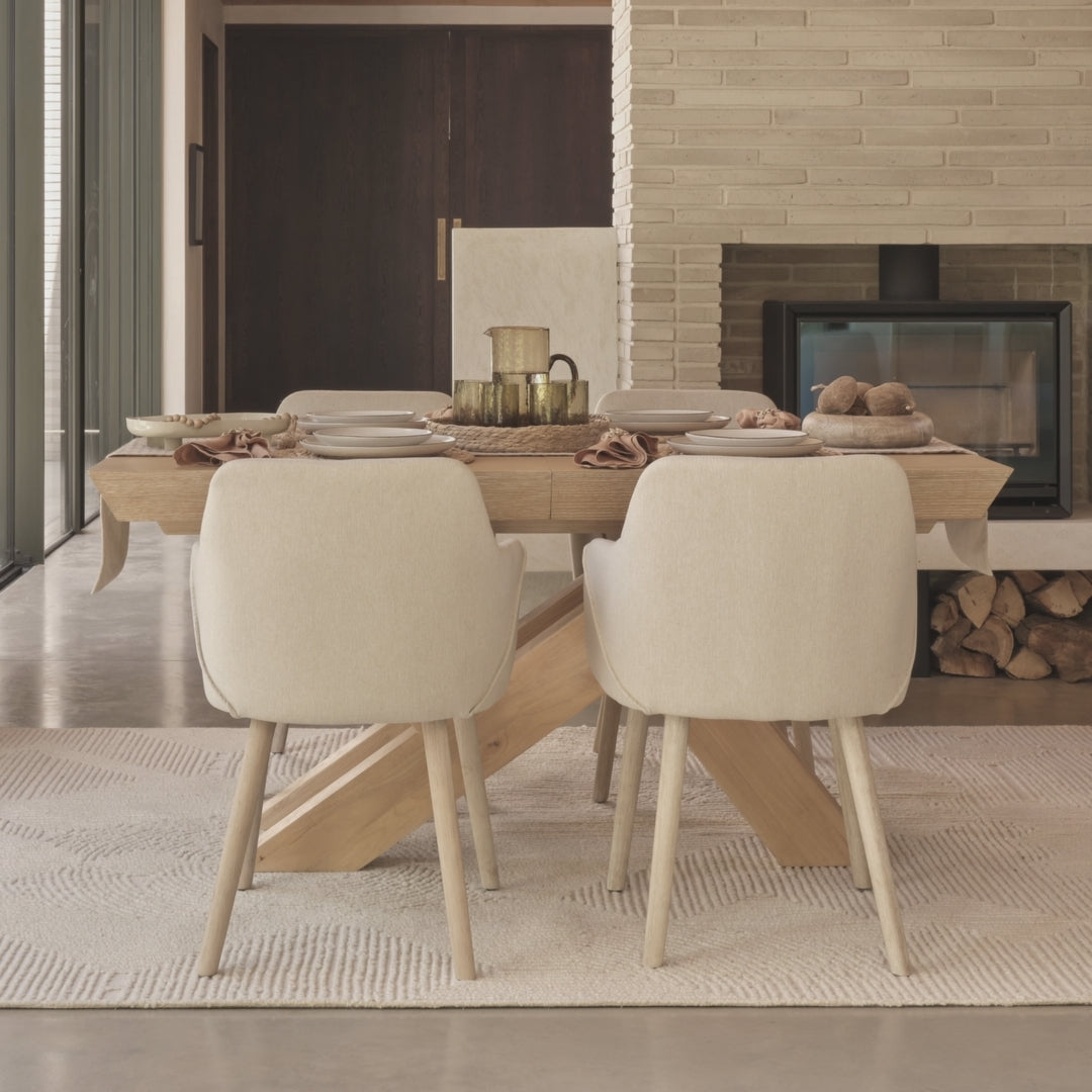Olivia 160-240cm Pale Oak Dining Table Set - 6 Seater - Freya Sand Dining Armchairs - Pale Oak Legs - Laura James 