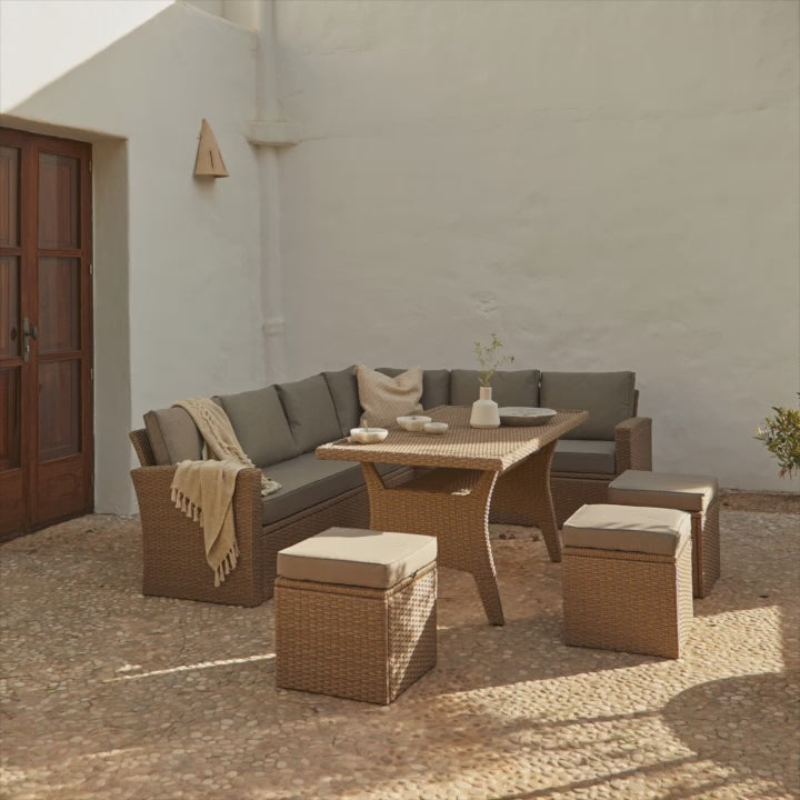 Aston rattan Corner Sofa Set - 9 Seater - Natural Brown - polywood table top - Laura James