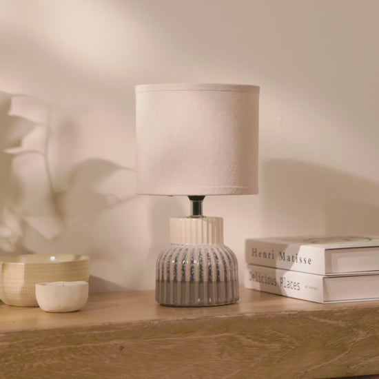 Coates 27cm Ceramic Table Lamp - Blue Reactive Glaze with Cream Linen Shade - Laura James