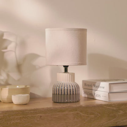 Coates 27cm Ceramic Table Lamp - Blue Reactive Glaze with Cream Linen Shade - Laura James