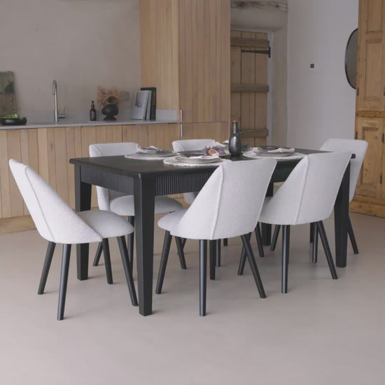Raleigh Black Oak Rectangular Dining Table Set - 6 Seater - Freya Oat Boucle Dining Chairs - Black Oak Legs - Laura James 