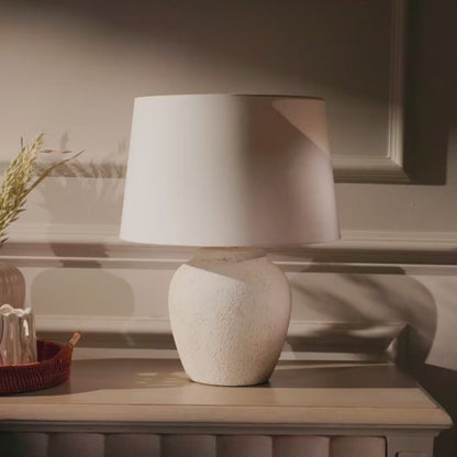 Selham 30cm Ceramic Lamp Base - Rustic White with Coningsby 35cm Cotton Lamp Shade - Snow White - Laura James
